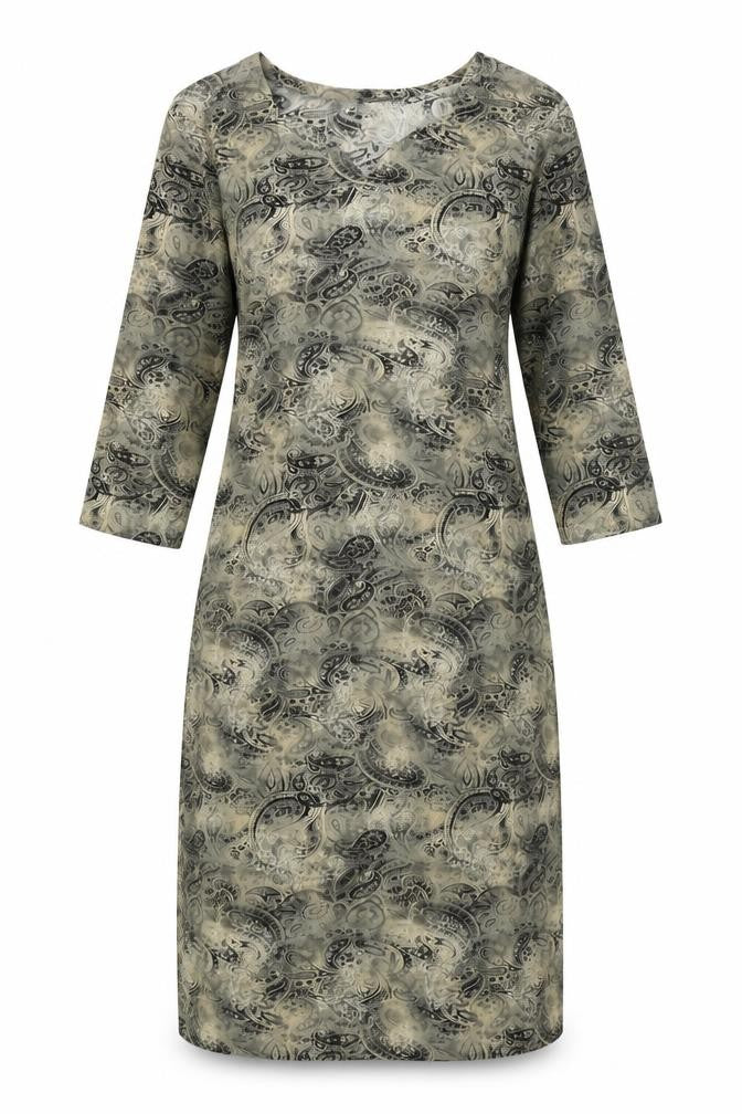 Front view of women’s grey paisley polyester a-line one size scoop neck pullover