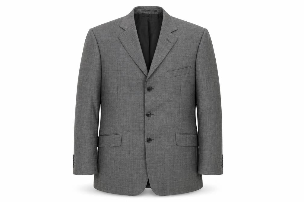 Front view of Savile Row men’s grey wool jacket suit jacket, size 44, regular