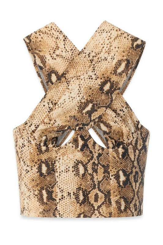 Front view of PRETTYLITTLETHING women’s brown animal print polyester cropped tank, size UK 6, sweetheart - snake skin print