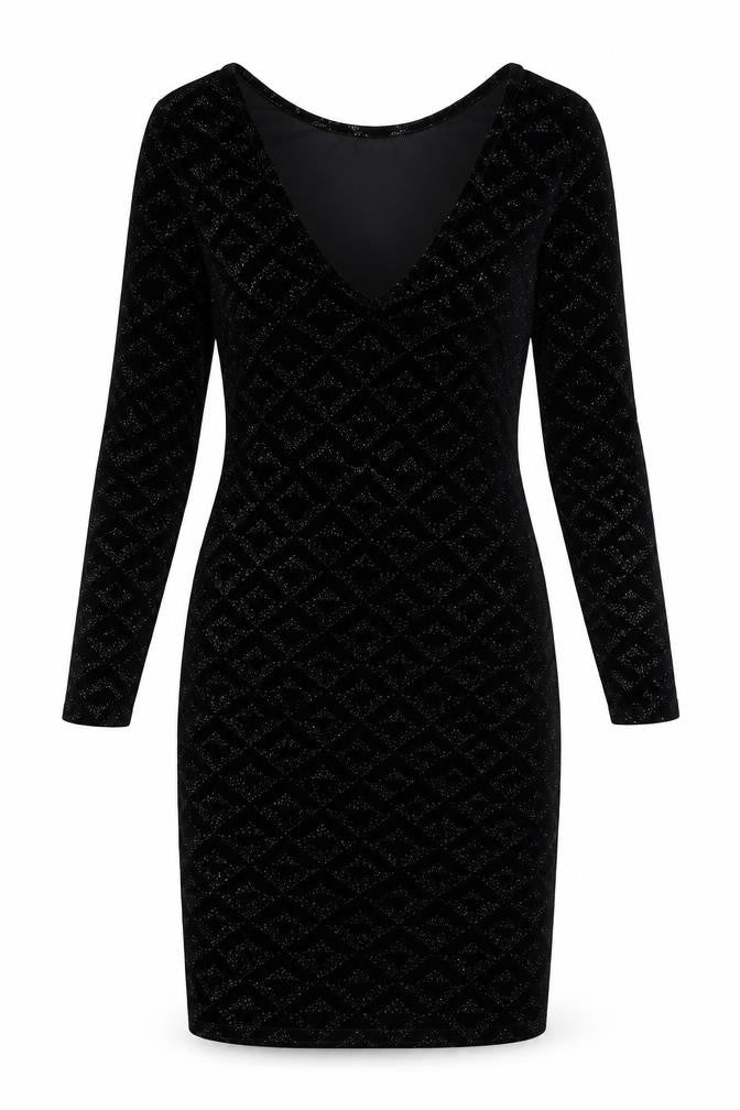 Front view of Warehouse women’s black geometric polyester bodycon, size UK 8, scoop neck pullover