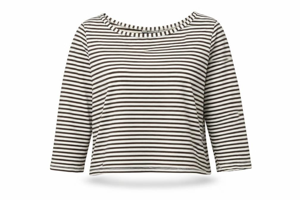 Front view of French Connection women’s white striped polyester cropped blouse, size S, boat neck