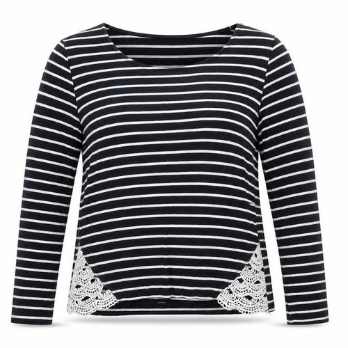 Oasis Womens Blue Striped Cotton Basic Blouse Size S Boat Neck - Crochet Detail