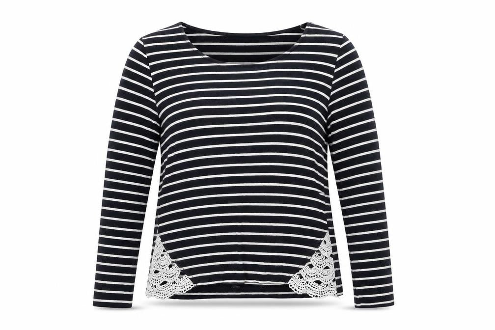 Oasis Womens Blue Striped Cotton Basic Blouse Size S Boat Neck - Crochet Detail