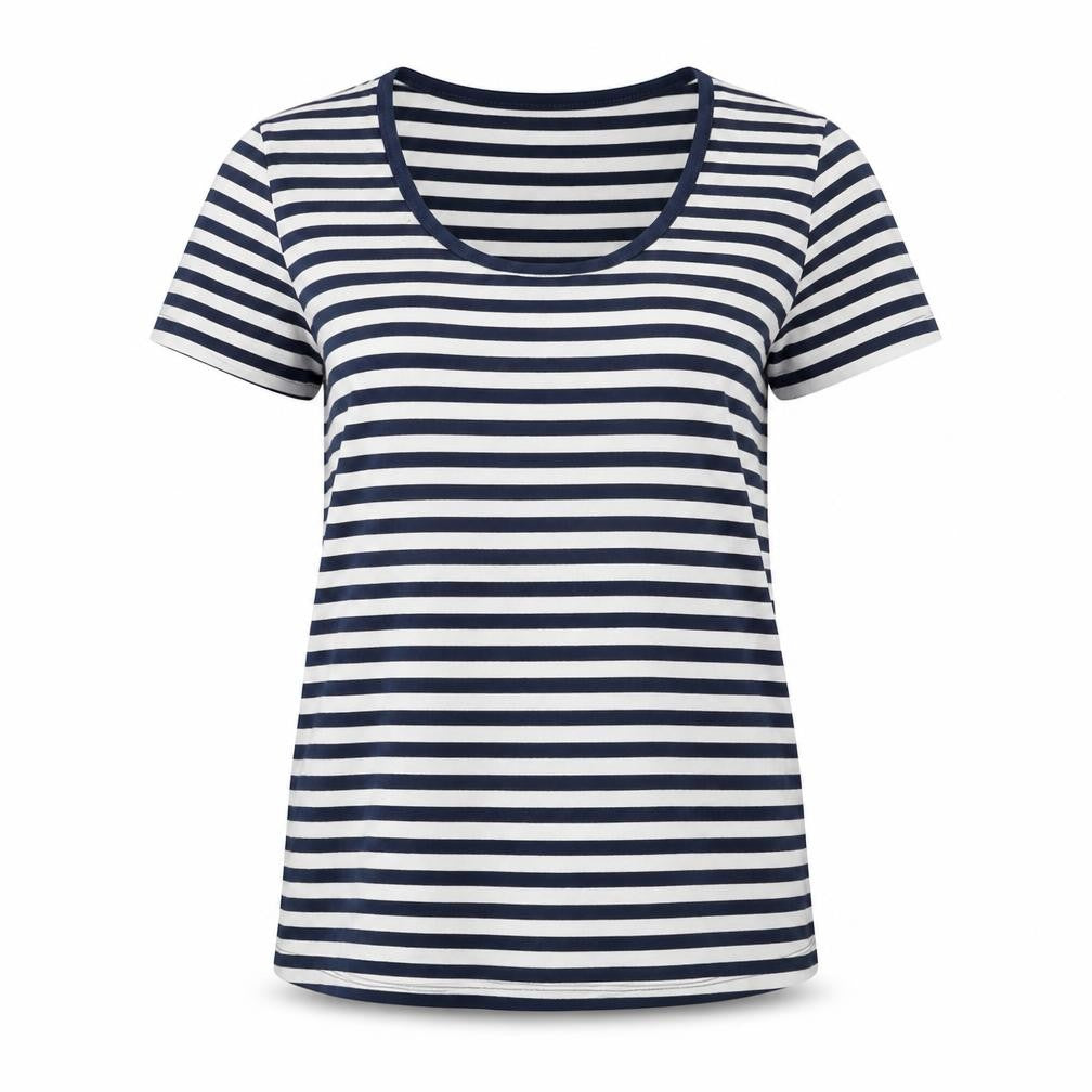 Front view of Avenue women’s blue striped cotton basic t-shirt, size S, scoop neck