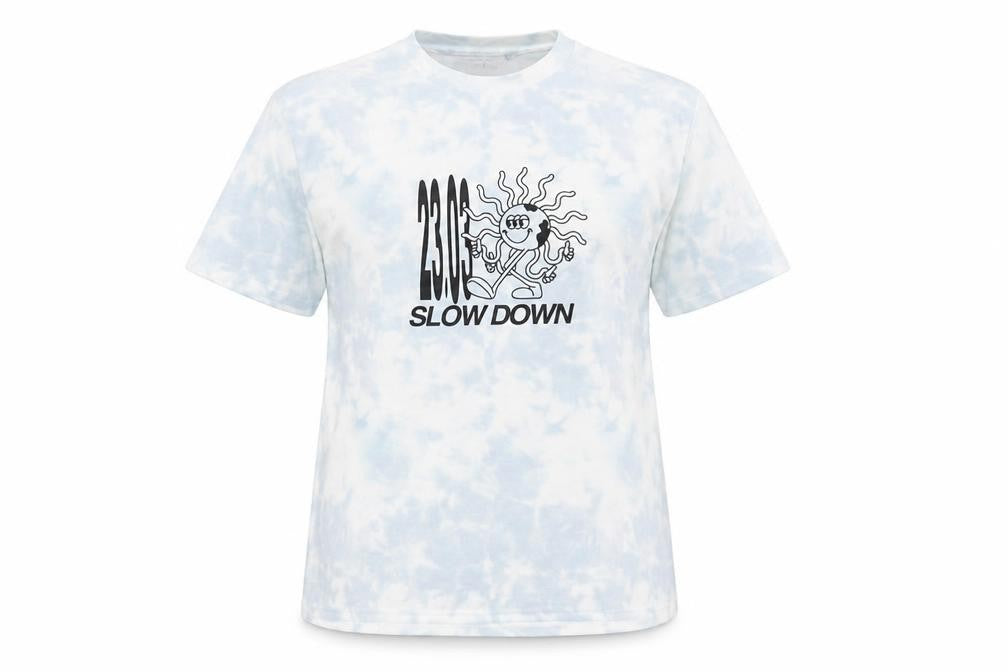 Front view of Adolescent women’s blue cotton basic t-shirt, size M, scoop neck - slow down