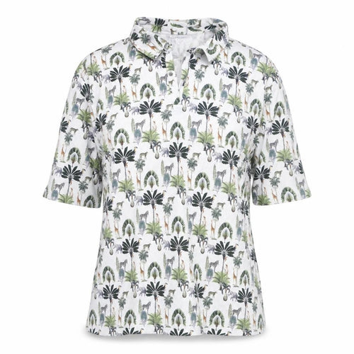 Country Club Womens White Geometric Cotton Basic Polo Size S Collared - Safari Animals