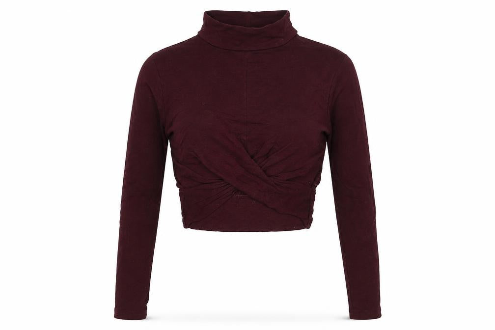 Topshop Womens Red Cotton Cropped Blouse Size 4 High Neck - Knot Front