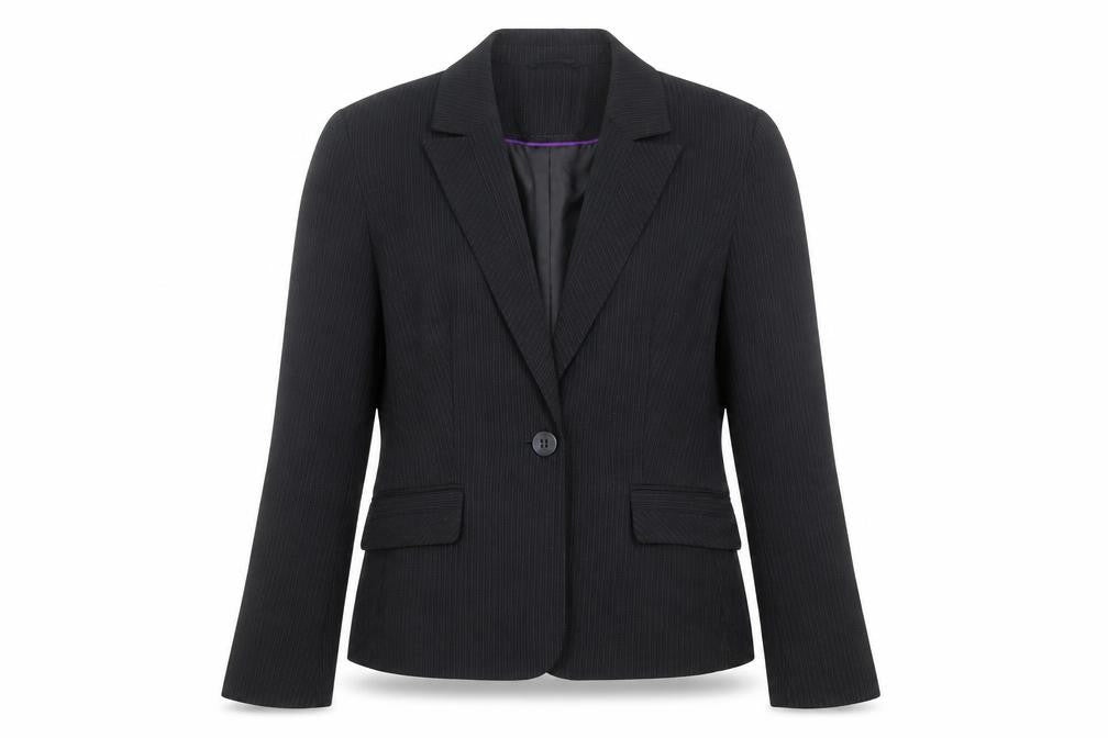 Front view of Papaya women’s black striped polyester jacket blazer, size UK 14