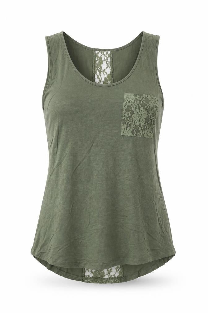 Front view of Glitz women’s green viscose basic tank, size M, scoop neck - lace detail
