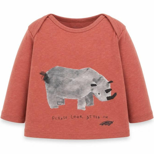 Marks and Spencer Baby Red Cotton Basic T-Shirt Size 3-6 Months Round Neck Pullover - Rhino, Please Look After Me