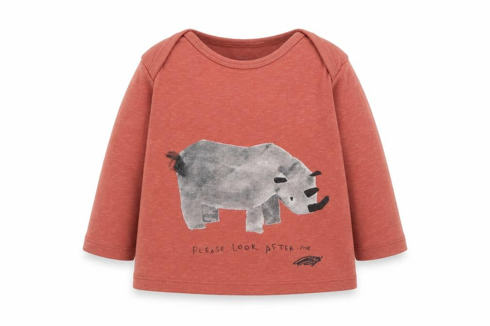 Marks and Spencer Baby Red Cotton Basic T-Shirt Size 3-6 Months Round Neck Pullover - Rhino, Please Look After Me