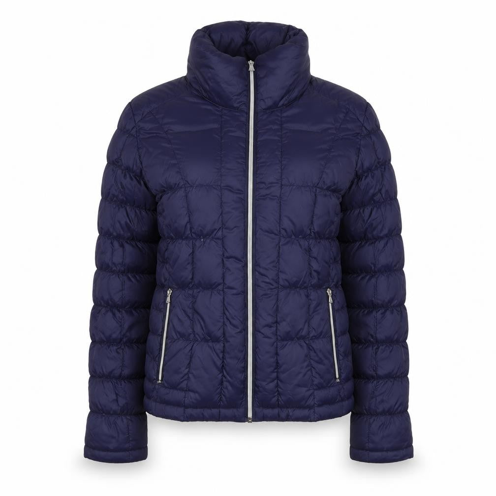 Front view of Harvey&Jones women’s blue quilted jacket, size UK 10, zip