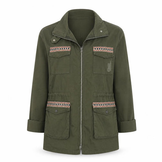 Front view of H&M women’s green geometric jacket, size S, zip