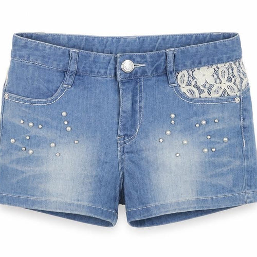 Beans West Womens Blue Cotton Boyfriend Shorts Size 25 in L3 in Regular Button - Lace Detail