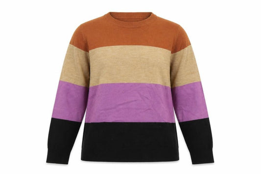 Front view of Marks & Spencer women’s multicoloured scoop neck acrylic jumper, size UK 12, - colourblock