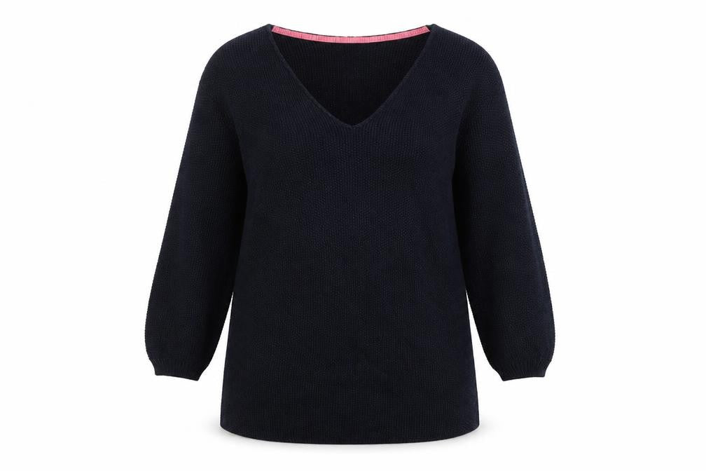 Front view of Next women’s blue v-neck cotton jumper, size UK 8
