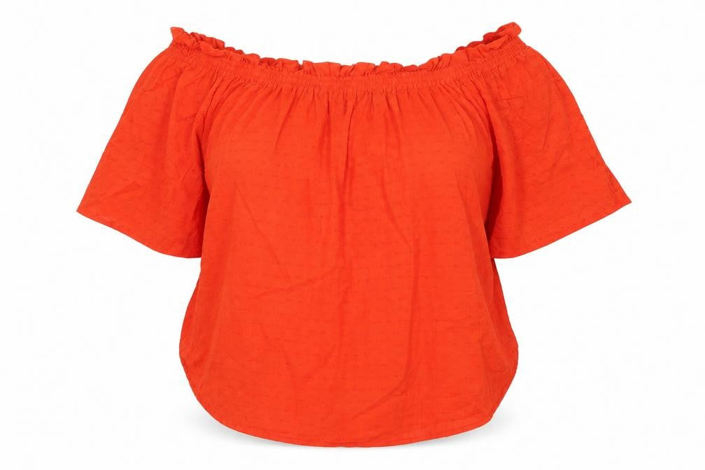 Front view of H&M women’s orange cotton basic blouse, size UK 12, off the shoulder