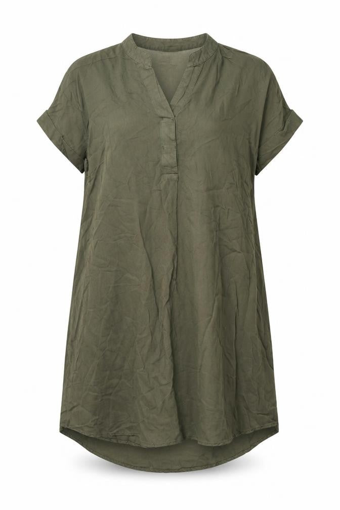 Front view of H&M women’s green viscose shift, size UK 10, v-neck pullover