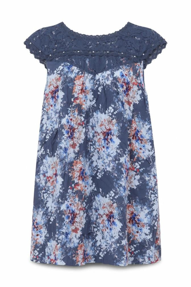 Front view of Next women’s blue floral modal shift, size UK 14, scoop neck pullover - lace detail