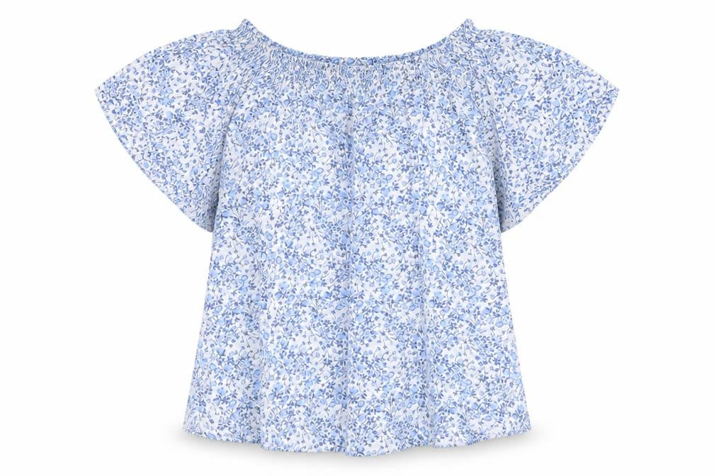 Front view of H&M women’s blue floral polyester basic blouse, size S, boat neck