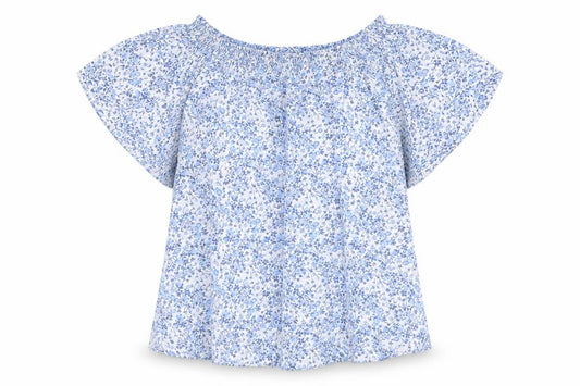Front view of H&M women’s blue floral polyester basic blouse, size S, boat neck