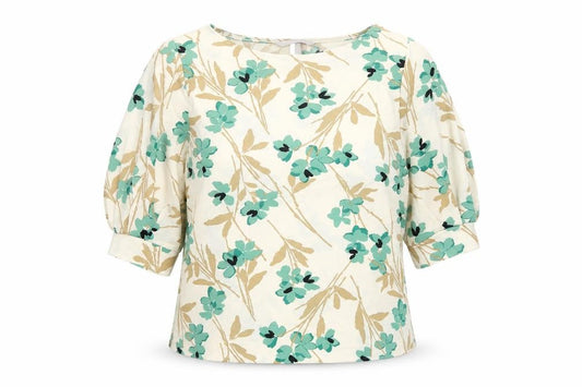 Front view of H&M women’s ivory floral polyester basic blouse, size S, boat neck