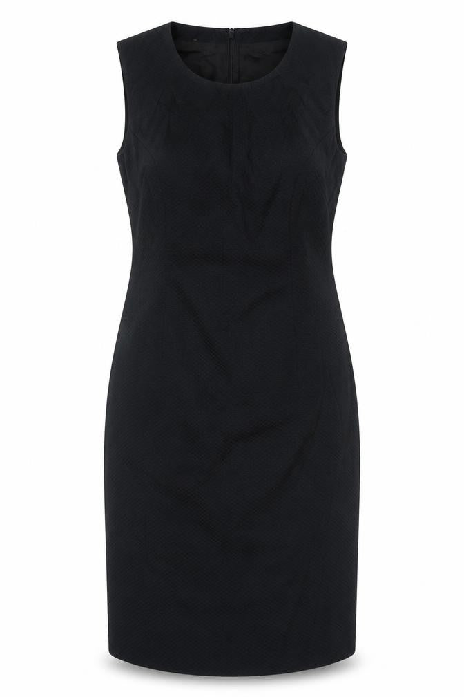 Front view of Simon Ellis women’s black polyester shift, size UK 14, scoop neck zip
