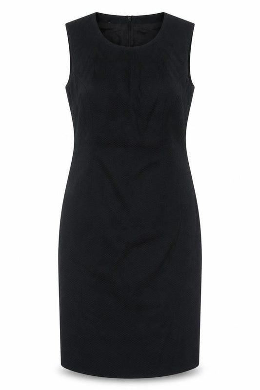 Front view of Simon Ellis women’s black polyester shift, size UK 14, scoop neck zip