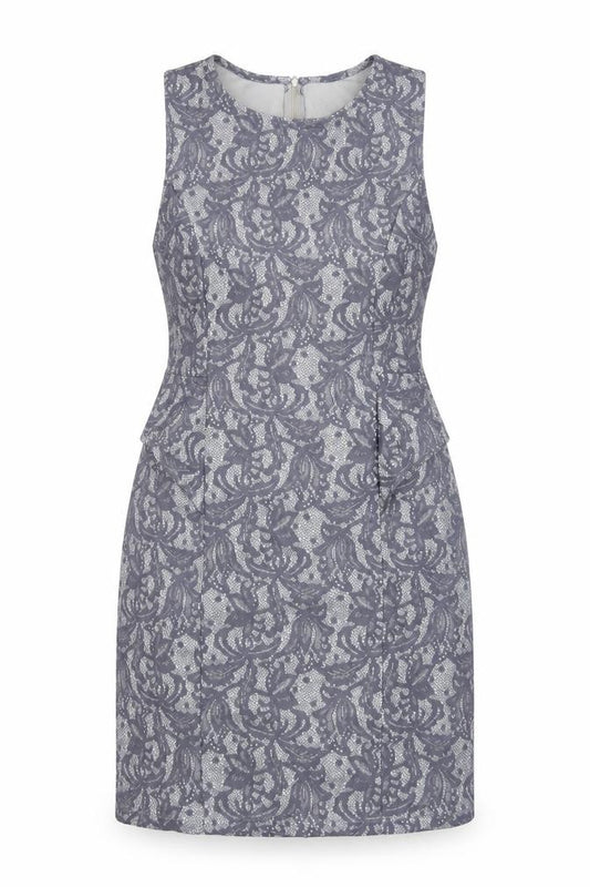 Front view of Woolworths women’s grey geometric polyester a-line, size M, round neck zip