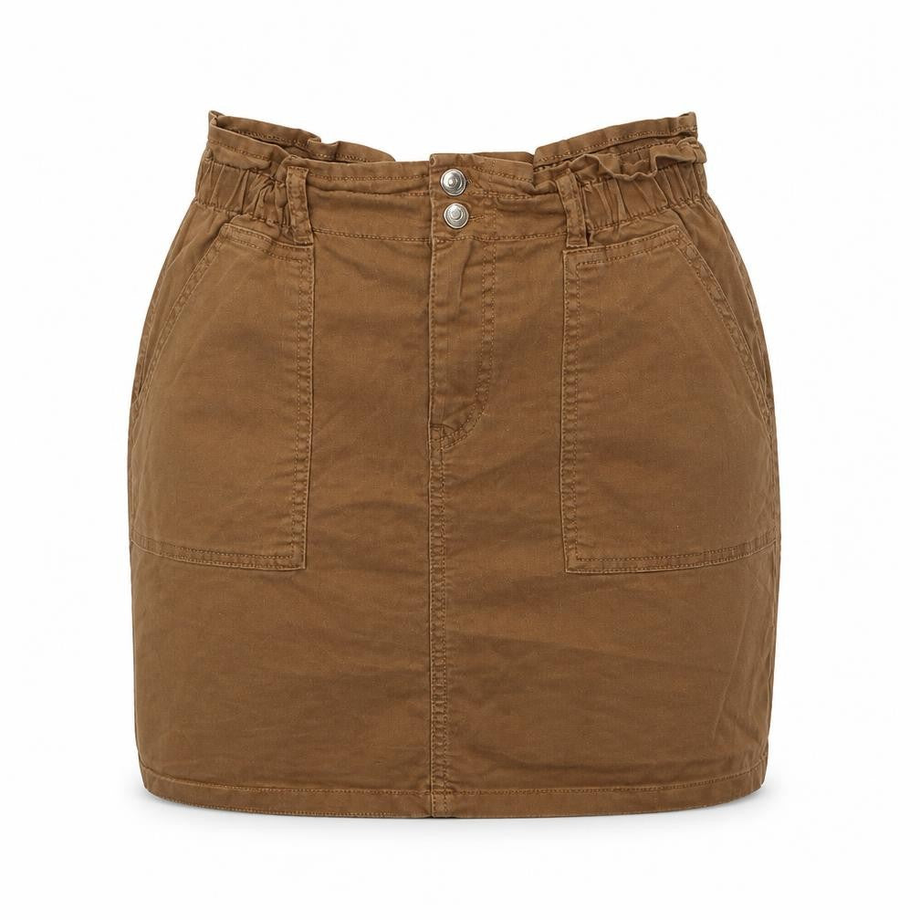 Front view of Etam women’s brown cotton mini skirt, size UK 10, zip