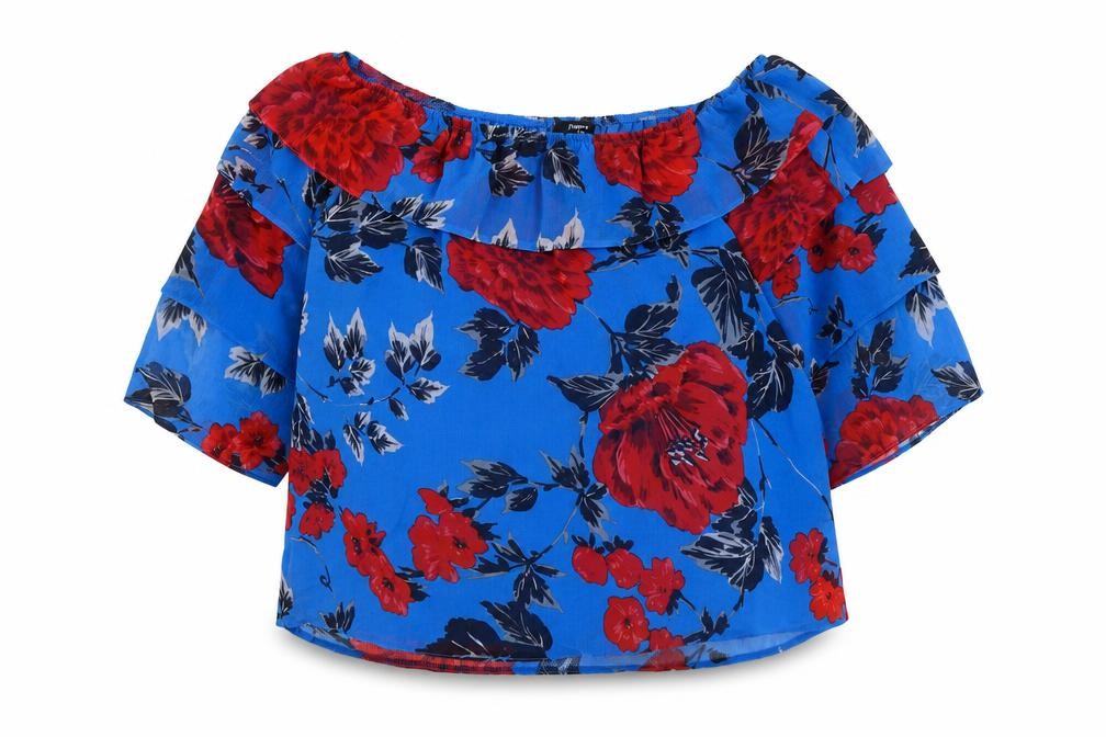 Front view of Papaya women’s blue floral polyester basic blouse, size UK 12, off the shoulder