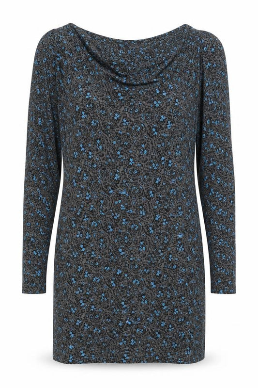 Front view of French Connection women’s grey floral viscose a-line, size UK 12, cowl neck pullover