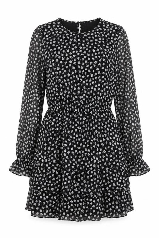 Front view of Divided women’s black floral polyester mini, size UK 10, round neck button