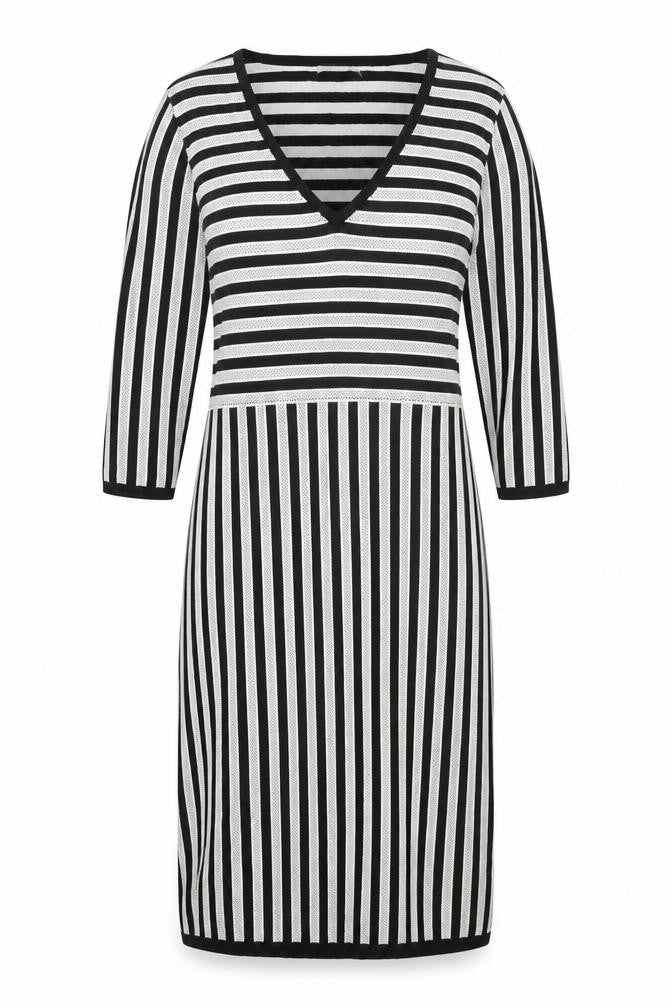 Front view of H&M women’s black striped viscose jumper dress, size L, v-neck pullover