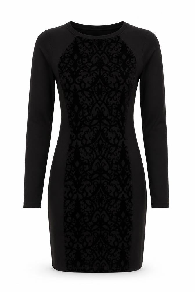 Front view of Divided women’s black geometric viscose bodycon, size UK 8, boat neck pullover