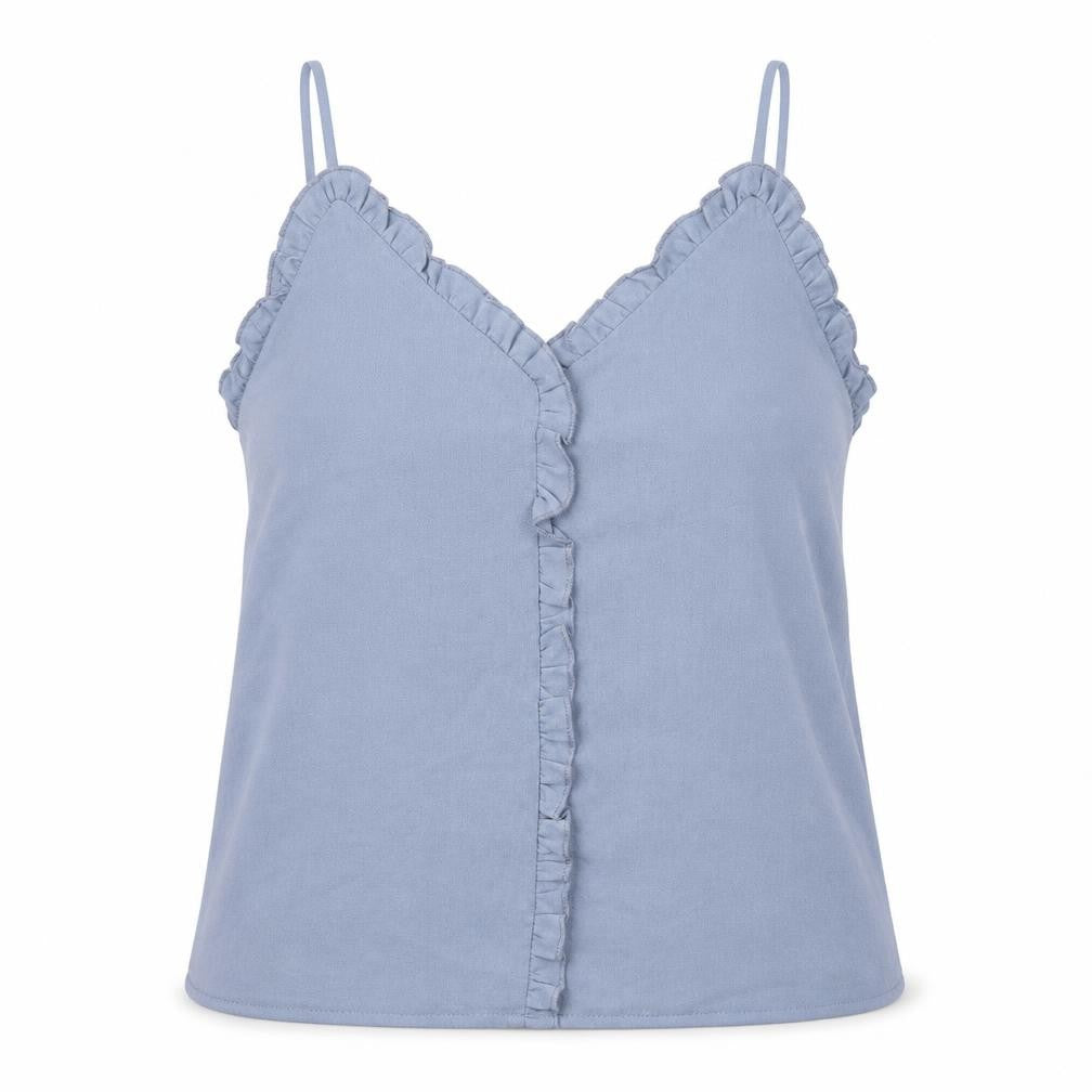 Front view of SHEIN women’s blue polyester camisole tank, size S, v-neck