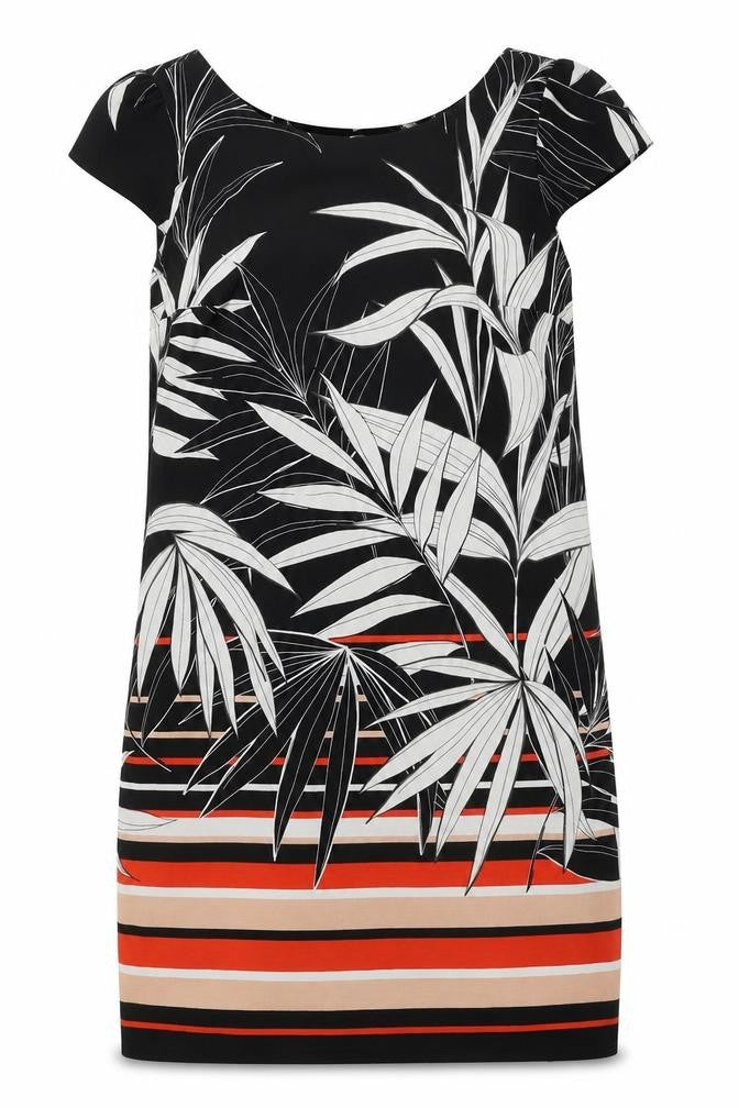 Front view of Billie & Blossom women’s black geometric polyester shift, size UK 10, boat neck zip - leaf pattern