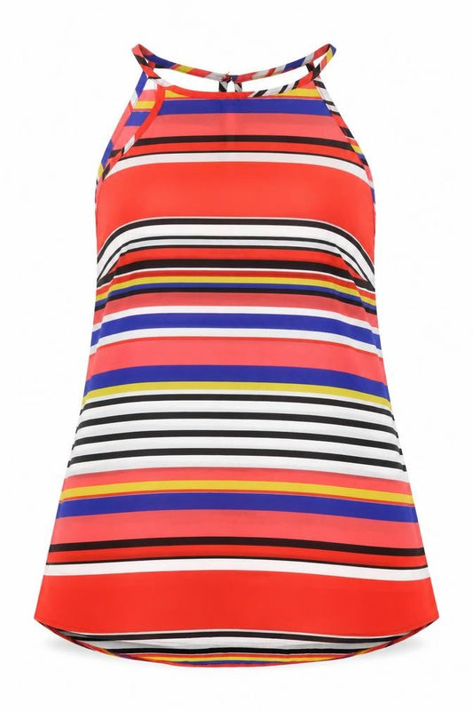Front view of Papaya women’s red striped polyester basic tank, size UK 14, halter