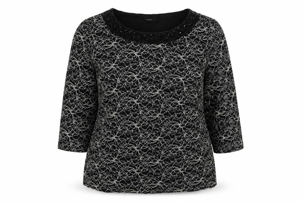 Front view of Roman women’s black geometric polyamide basic blouse, size UK 18, boat neck - embellished neckline