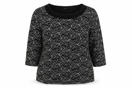 Front view of Roman women’s black geometric polyamide basic blouse, size UK 18, boat neck - embellished neckline
