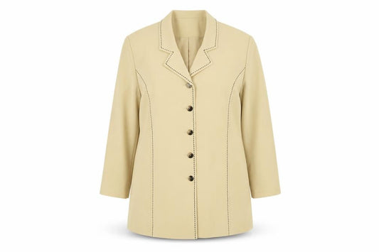 Front view of ELVI women’s yellow polyester jacket blazer, size UK 18