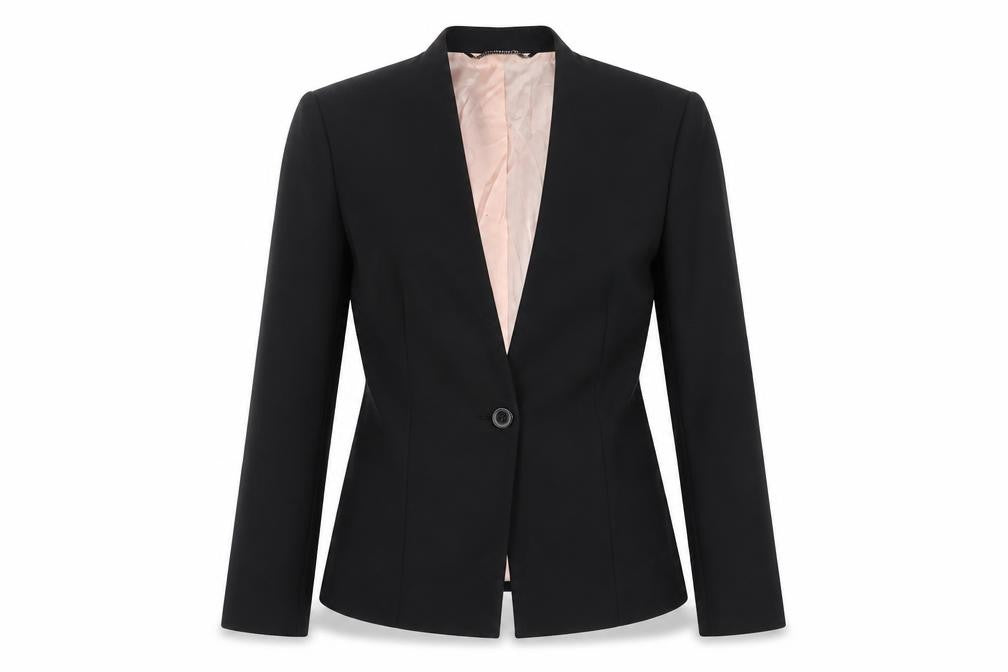 Front view of Vanilia women’s black acetate jacket blazer, size UK 8