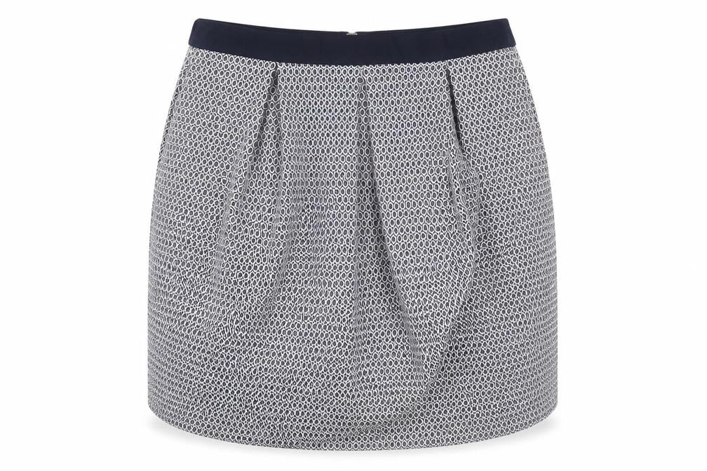 Front view of RESERVED women’s black geometric polyester tulip skirt, size UK 14, zip