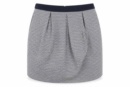 Front view of RESERVED women’s black geometric polyester tulip skirt, size UK 14, zip