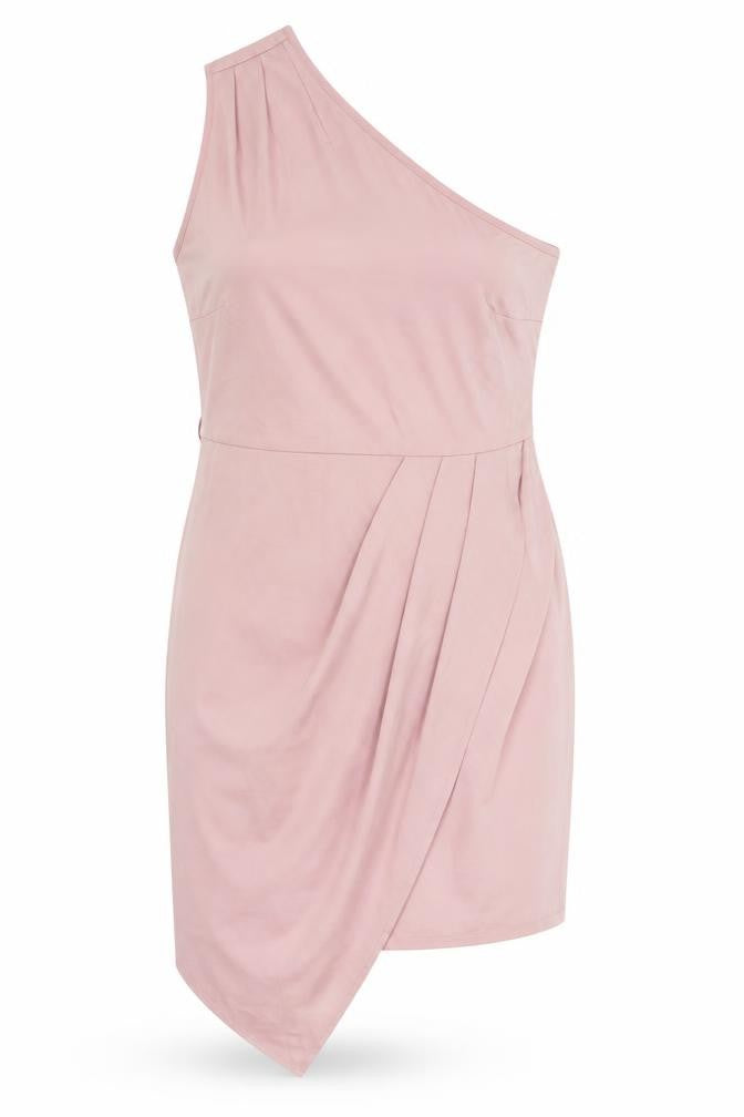 Front view of Sheilay women’s pink polyester bodycon, size L, one shoulder zip