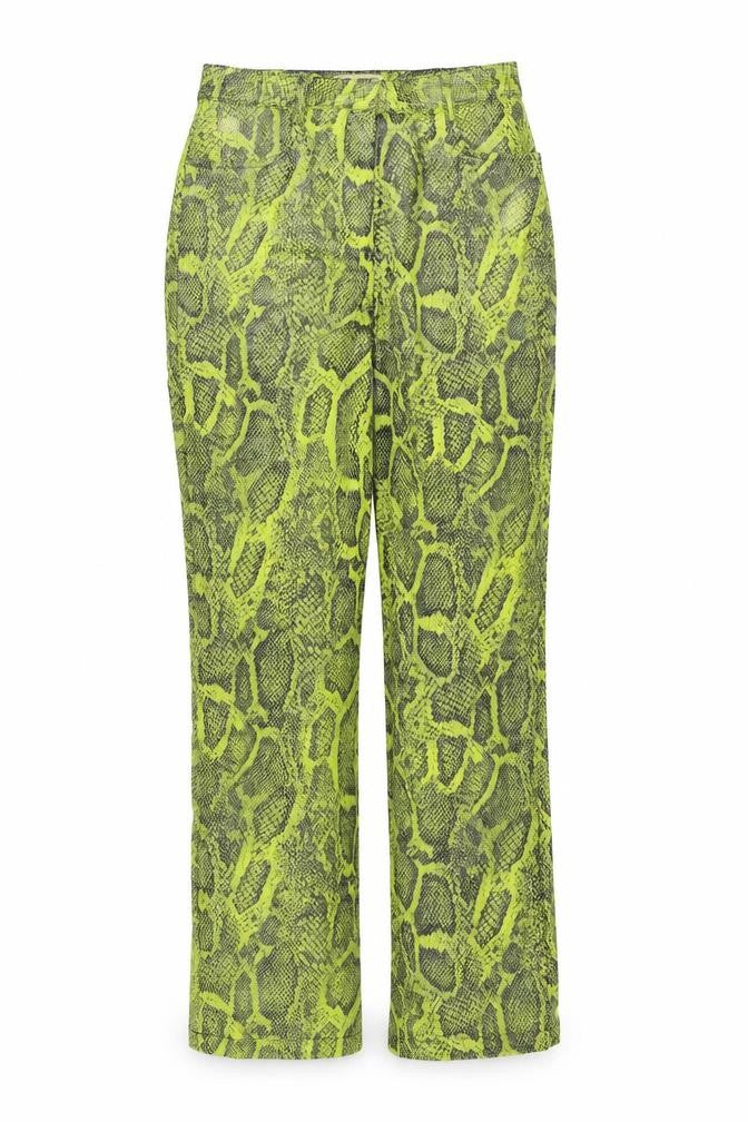 Front view of H&M women’s green animal print polyester trousers, size UK 8, regular zip - snake print