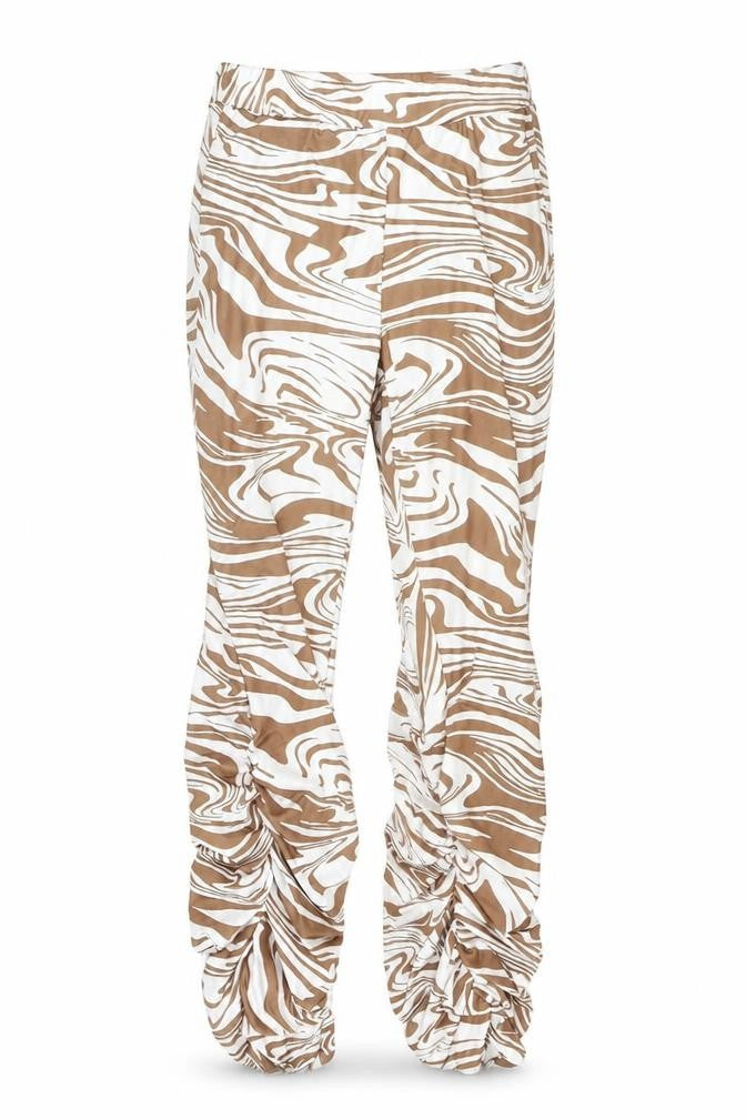 Front view of SHEIN women’s brown animal print polyester trousers, size XS, regular - ruched