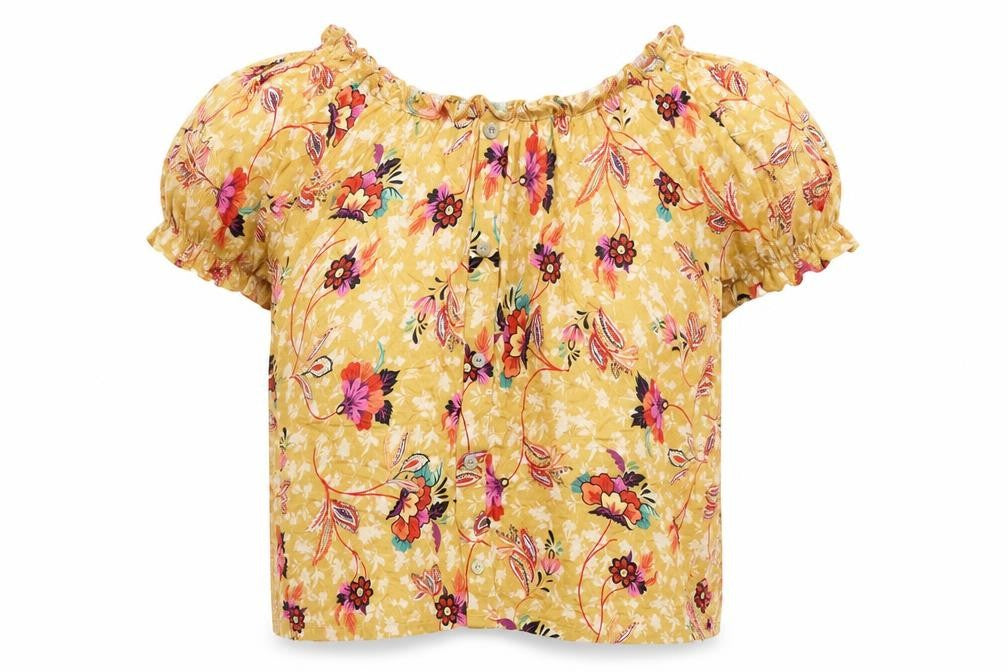 Front view of Encuentro women’s orange floral polyester basic blouse, size S, boat neck