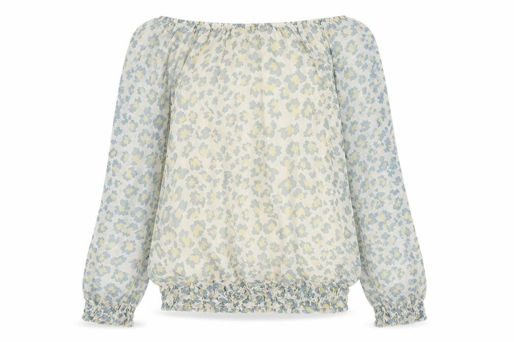 Front view of Pronto women’s ivory animal print polyester basic blouse, size L, off the shoulder - leopard print
