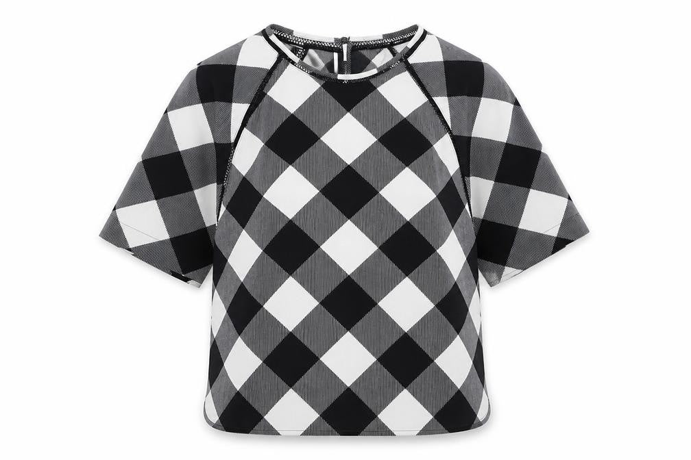 Front view of Marks & Spencer women’s white check polyester basic blouse, size UK 8, boat neck